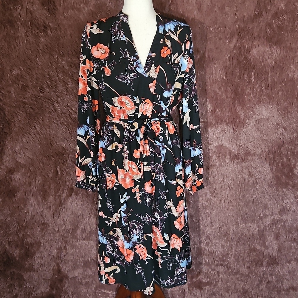 Who What Wear Blue and Orange Floral Butterfly Print Long Sleeve Midi Dress